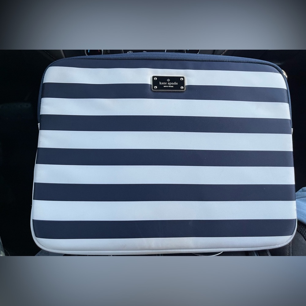 Kate Spade Navy and White Striped Padded Zip Up Laptop Sleeve Case